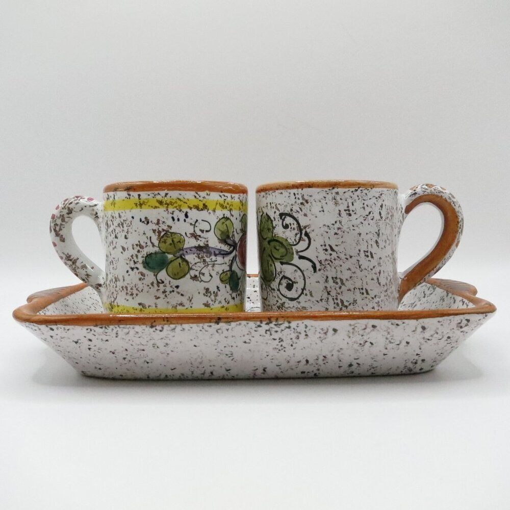 Demitasse Set F.I.C. Deruta Italy Cups Tray Majolica Floral Terracotta Tin Glaze